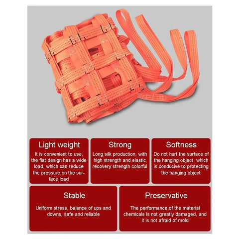 Heavy Duty Polyester Lifting Net Sling Designed For Serious Ship Cargo Hoisting And Dock Labor With Tear Resistant Webbing and no sweat rigging, showing a strong orange material.