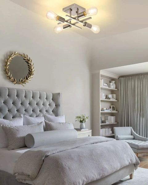 Bedroom with 4 Light Semi Flush Mount Ceiling Light Fixture In Brushed Nickel Modern Farmhouse Sputnik Style