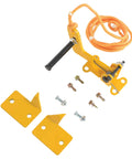 DR-LOCK Heavy-Duty Steel Automatic Overhead Door Lock, 5 In. By 6-1/2 In. By 3-15/16 In., Yellow, with hardware and rope release.