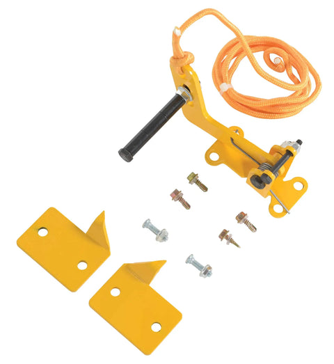 DR-LOCK Heavy-Duty Steel Automatic Overhead Door Lock, 5 In. By 6-1/2 In. By 3-15/16 In., Yellow, with hardware and rope release.