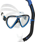 Ikarus And Orion Snorkel Mask Set Travel Ready No Fuss Lightweight Comfort Hypoallergenic Silicone Skirt For A Soft Seal Easy Breath Snorkel Included Clear View Lenses For Underwater Explorations And Beach Adventures, showing blue mask and snorkel.