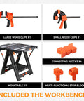 Solid 2 In 1 Folding Workbench And Sawhorse Hybrid with included large and small wood clips and connecting blocks.