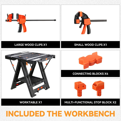 Solid 2 In 1 Folding Workbench And Sawhorse Hybrid with included large and small wood clips and connecting blocks.