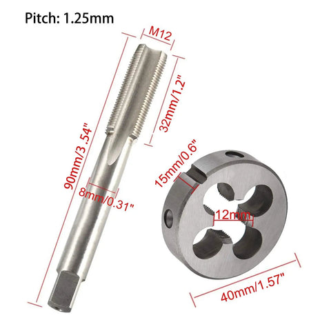 M12 X 1.25mm HSS Tap And Die Set For Metric Threads Right Hand Tap And Round Die Pro Grade High Speed Steel Silver Tone