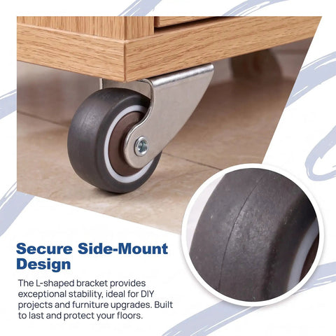 Close-up of Two Inch Low Profile Door Support Wheels, Anti Sag Caster Rollers For Solid Wood Doors And Gates, Heavy Duty Grey hardware mounted on wood.