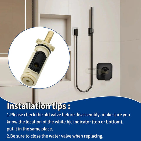 Bathroom with shower and inset of Posi Temp Cartridge Replacement Kit With 104421 Removal Tool And 116653 Handle Adapter.