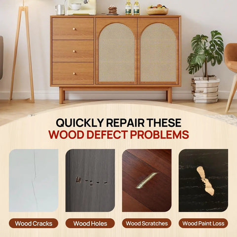 Wood Furniture Repair Kit With 10 Color Touch Up Fillers For Scratches Cracks Paint Chips And Nail Holes On Furniture Floors Doors Cabinets And Tables Easy DIY Fix For Home; visual showing wood furniture and repair examples.