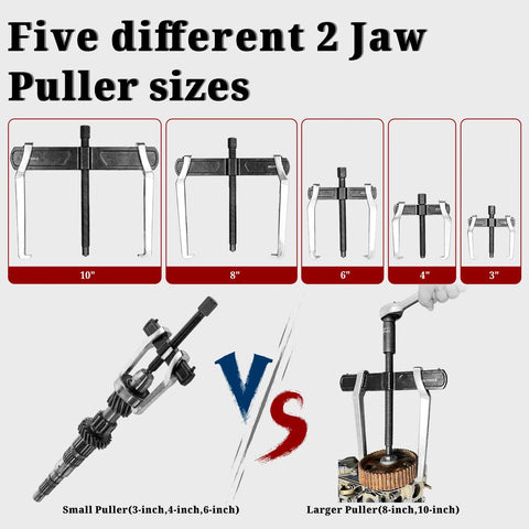 Five different 2 Jaw Puller sizes, including 6 Inch 2 Jaw Gear Puller For Internal And External Removal, displayed in varying dimensions.