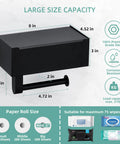 Super Handy Matte Black Toilet Paper Holder With Shelf And Storage For Flushable Wipes Includes Two Pack Towel Robe Hooks Made Of Rustproof Stainless Steel Adhesive Or Screw Wall Mount For Bathroom showing dimensions and features.