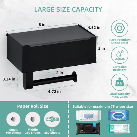 Super Handy Matte Black Toilet Paper Holder With Shelf And Storage For Flushable Wipes Includes Two Pack Towel Robe Hooks Made Of Rustproof Stainless Steel Adhesive Or Screw Wall Mount For Bathroom showing dimensions and features.