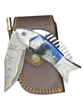 Fish Style Folding Knife With Ladder Pattern Damascus Blade And Blue Resin Handle, Brass Engraved EDC Knife with leather sheath