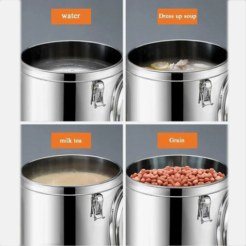 Large Capacity 304 Stainless Steel Storage Containers 100 Liter Dry Food Canisters for various foods like milk tea and grains.