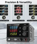 Portable Variable DC Power Supply 0 to 30V 0 to 5A for Lab Bench with 4 Digit LED Display showing voltage and current settings
