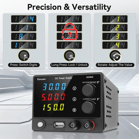 Portable Variable DC Power Supply 0 to 30V 0 to 5A for Lab Bench with 4 Digit LED Display showing voltage and current settings