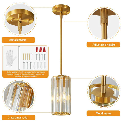 Gold Pendant Lighting Set Modern Mini Crystal Chandeliers Adjustable Pendant Light Fixture details with metal frame and chassis.