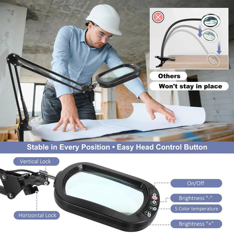 Person using 10X Lighted Magnifier With Clamp And Stand For Close Work Real Glass Lens 5 Color Modes Stepless Dimming Hands Free Led Swing Arm Desk Lamp For Crafting Beading Reading Painting Detail Work on desk