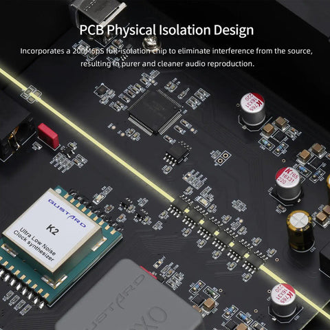 Close-up of U26 USB Digital Interface DDC with DSD2048 and PCM1.536MHz OCXO showing PCB and components for clean audio.