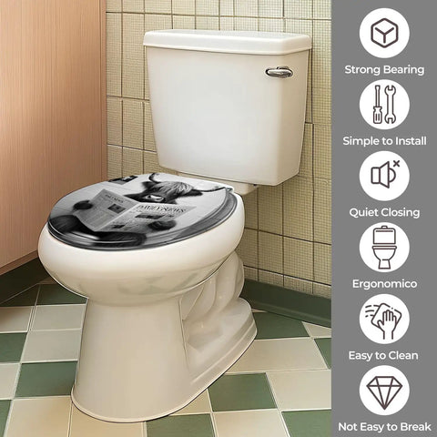 Toilet Seat Round Resin for Farmhouse installed on a white toilet, featuring a black and white print and a clean design.