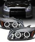 2005 To 2010 Scion tC LED Halo Projector Headlights Upgrade Kit With Black Housing And Angel Eye Rings, front view