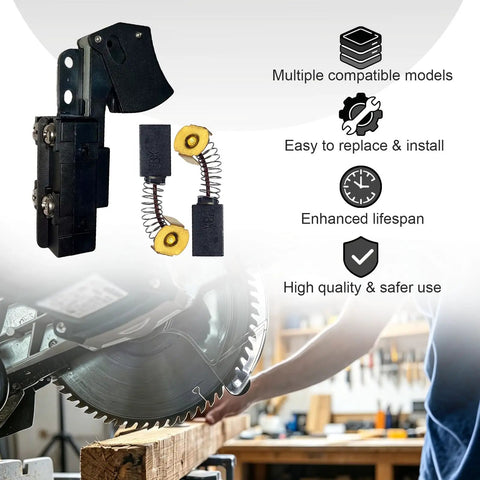Dead Nuts Reliable Sw77 Aftermarket Circular Saw Trigger Switch rated at 20 Amps with spare carbon brushes and compatible models.