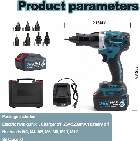 No Strings Attached Cordless Rivet Nut Gun Set With Built In Led Light And Beefy 26 Volt Battery For M3 Through M12 Blind Riveting Go Anywhere Power Tool Kit Pro Grade with battery and accessories