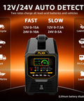 12V 24V Smart Charger with display for charging lead-acid batteries, showing fast and slow settings and battery status.