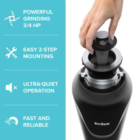 Installing WasteGuard Beefy 3/4 HP Ultra Quiet Garbage Disposal with Quick Connect by hand, highlighting easy 2-step mount.