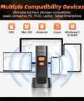 Ultra Pocket Sized 2D Barcode Scanner Bluetooth 3 In 1 Wireless USB 2.4G Barcode Reader with charging dock showing compatibility with iOS, Android, Windows, Linux.