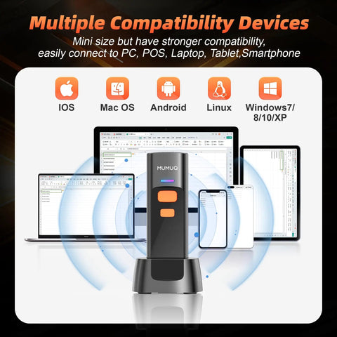 Ultra Pocket Sized 2D Barcode Scanner Bluetooth 3 In 1 Wireless USB 2.4G Barcode Reader with charging dock showing compatibility with iOS, Android, Windows, Linux.