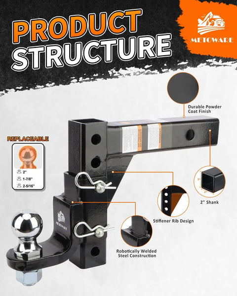 Beefy Adjustable 2 Inch Trailer Hitch Ball Mount 7500 Lbs Capacity Fits 2 Inch Receiver Heavy Duty Tow Hitch With Anti Theft Lock Pins And Clips Six Position Drop For Easy Level Towing featuring durable powder coat and welded steel structure.