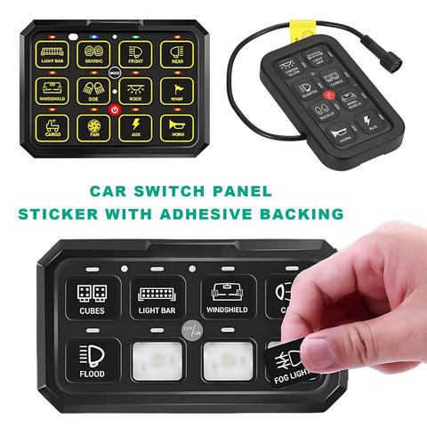 Hand applying fog light sticker from 120 Piece Car Switch Panel Sticker Kit With Durable PVC Decals For Auto Console Buttons And Rocker Toggle Switch Labels Ideal Dashboard Stickers For Your Ride Car Truck Boat RV Wear Resistant Heat Safe Fade Free Easy Install