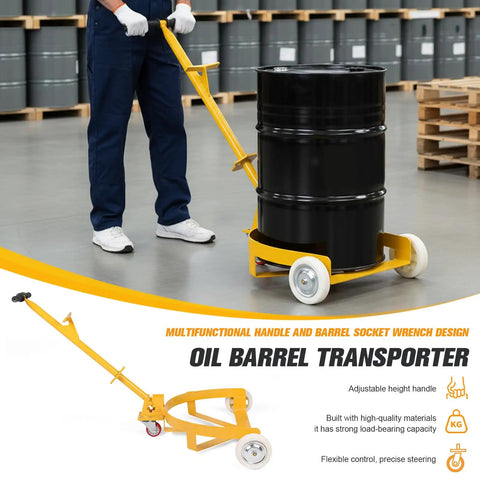 55 Gallon Drum Dolly With Swivel Wheels For Heavy Duty Drum Transport Haul Up To 1200 Lbs Like A Boss Durable Steel Construction Adjustable Ergonomic Handle From 28.94 To 38.4 Inches 360 Degree Steering For Smooth Moves. Yellow steel drum dolly with swivel wheels moving a black 55-gallon barrel in a warehouse.