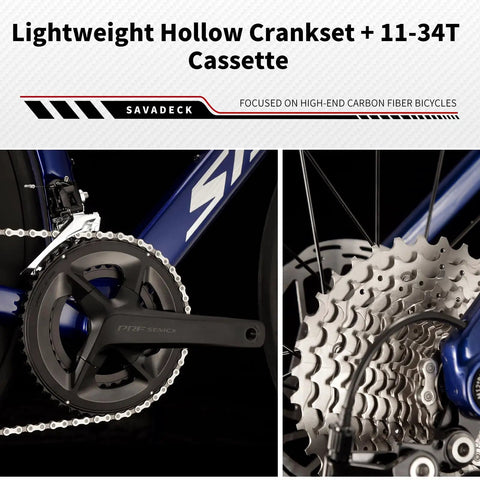 Close-up of lightweight hollow crankset and 11-34T cassette on full carbon racing bike with ultralight T800 frame and wheelset.