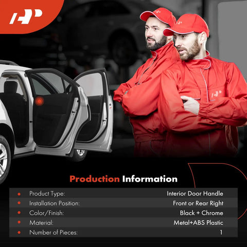 Nissan Right Passenger Interior Door Handle Replacement Textured Black Direct Fit shown with two workers in red uniforms