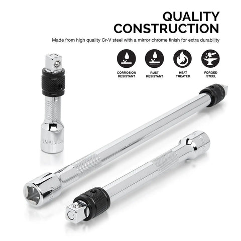 Three Eighths Inch Drive Locking Extension Bar Set Three Piece With Three, Six, And Ten Inch Extensions in chrome vanadium steel