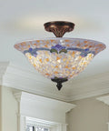 Three Light Art Glass Flush Mount From Johanna Collection In Brass Antique Finish with retro vibe and classic glow, installed on ceiling