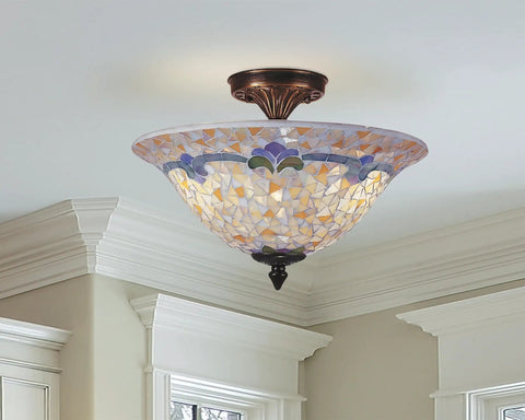 Three Light Art Glass Flush Mount From Johanna Collection In Brass Antique Finish with retro vibe and classic glow, installed on ceiling