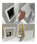 Wood Grain Self Adhesive Access Panel For Plumbing Electrical Hvac Wall Cover With Slick Snap Latch And Hassle Free No Drill Peel Stick Setup For Drywall Jobs showing installation process on a wall.
