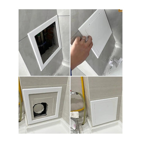 Wood Grain Self Adhesive Access Panel For Plumbing Electrical Hvac Wall Cover With Slick Snap Latch And Hassle Free No Drill Peel Stick Setup For Drywall Jobs showing installation process on a wall.