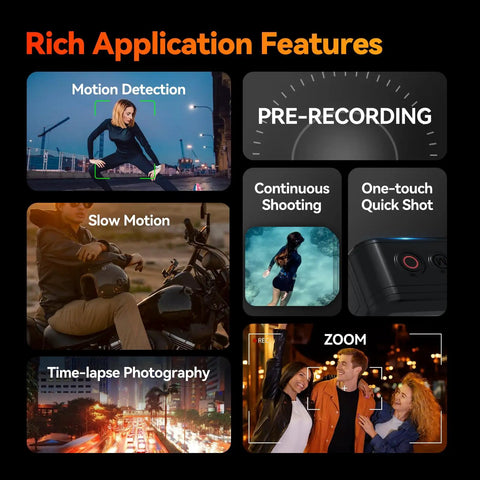 Rich application features of Dope Dual Lens 4K Action Cam With 20MP Photos 6 Axis EIS Stabilization 8X Zoom Dual IPS Screens 100 Ft Waterproof