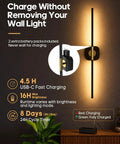 GOODEA Rechargeable RGB Wall Sconce with 2 Replaceable Batteries showcasing charging specifications and design details.