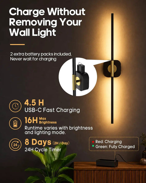 GOODEA Rechargeable RGB Wall Sconce with 2 Replaceable Batteries showcasing charging specifications and design details.