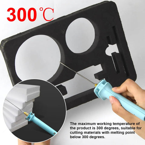 Hand using 30W Foam Cutter Pen Kit with 12V Power Adapter on black foam sheet, showcasing 10cm hot wire for precise styrofoam shapes.