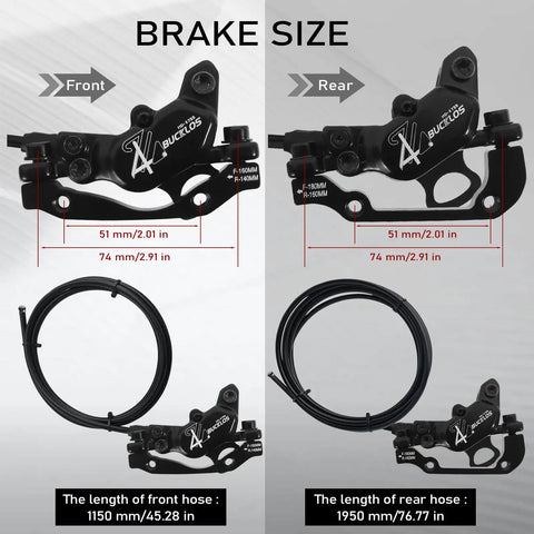 Four Pistons Hydraulic Disc Brake Set For Electric Bikes And Mountain Bikes With Aluminum Calipers Front Left 1150mm Rear Right 1950mm Pre Bleed Ready Beefed Up Braking For Ebikes Scooters And Rough Trail MTB Rides. Image shows brake size and hose lengths.