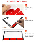 Two Pack Black Aluminum License Plate Frames For Cars being fitted with reflective stickers in a step-by-step process