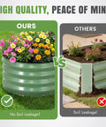 Comparison of galvanized raised garden bed with flowers to another planter showing soil leakage.