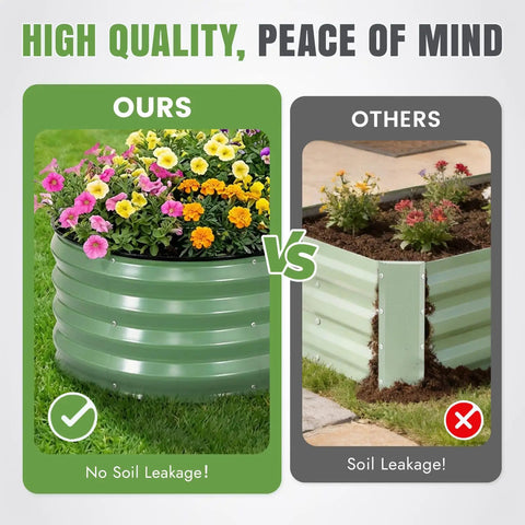 Comparison of galvanized raised garden bed with flowers to another planter showing soil leakage.