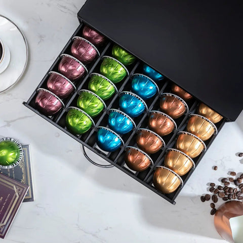 Space Saving Coffee Pod Organizer In A Sleek Black Metal Stand Holds 50 Pods, Easy Access And Quick Refills, Modern Countertop Rack