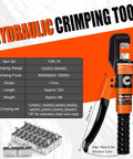 Diagram of 10 Ton Hydraulic Battery Cable Crimper With 9 Dies And Dual Blade Weir Cutter, specifications displayed next to tool.