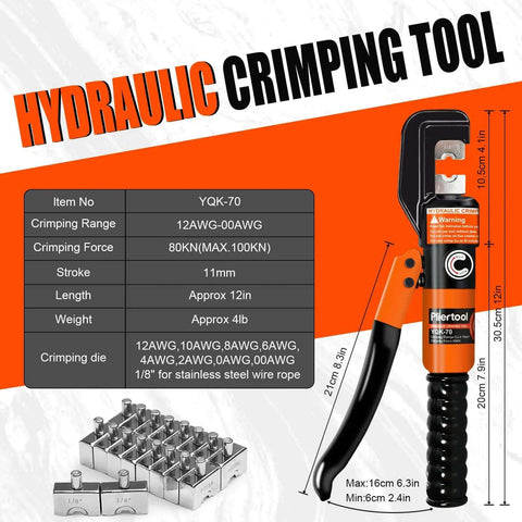 Diagram of 10 Ton Hydraulic Battery Cable Crimper With 9 Dies And Dual Blade Weir Cutter, specifications displayed next to tool.
